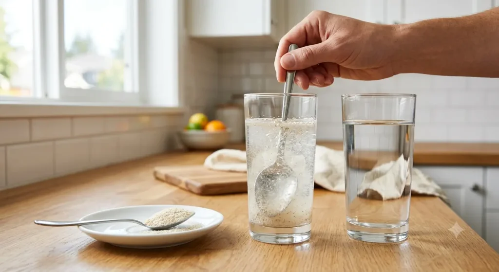 Psyllium husk powder being stirred into a tall glass of water with a second glass of water beside it