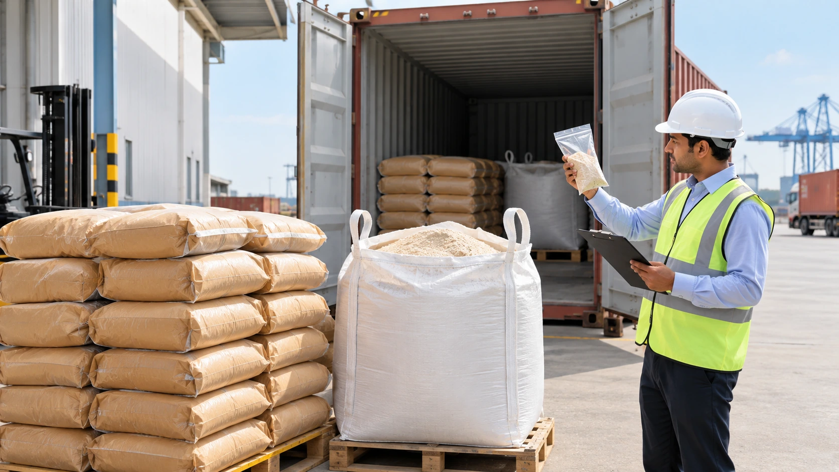 Bulk psyllium husk bags and jumbo bag being loaded into a shipping container with quality inspection