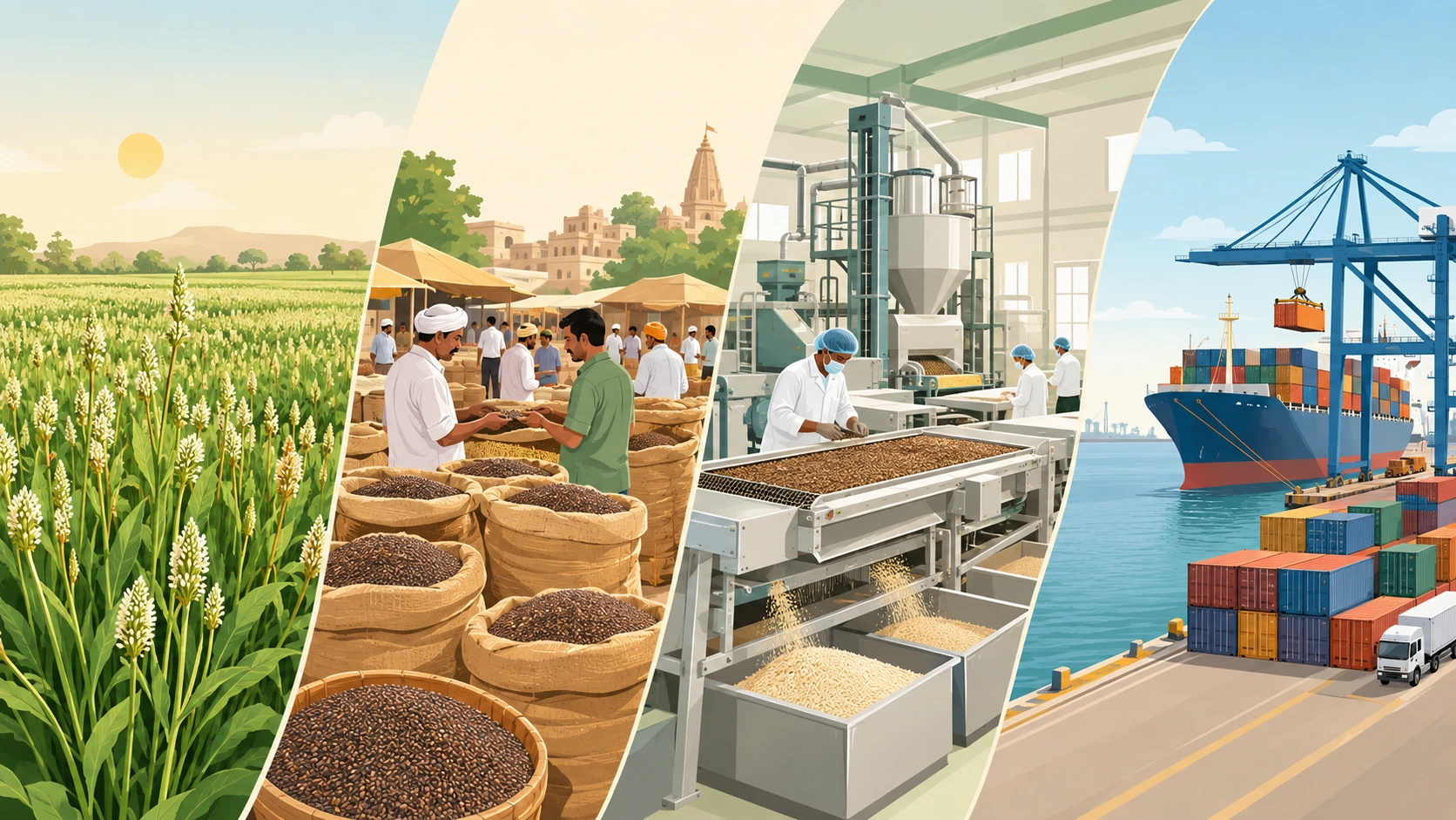 Psyllium husk supply chain from Gujarat farms to Unjha market, Sidhpur processing and export port